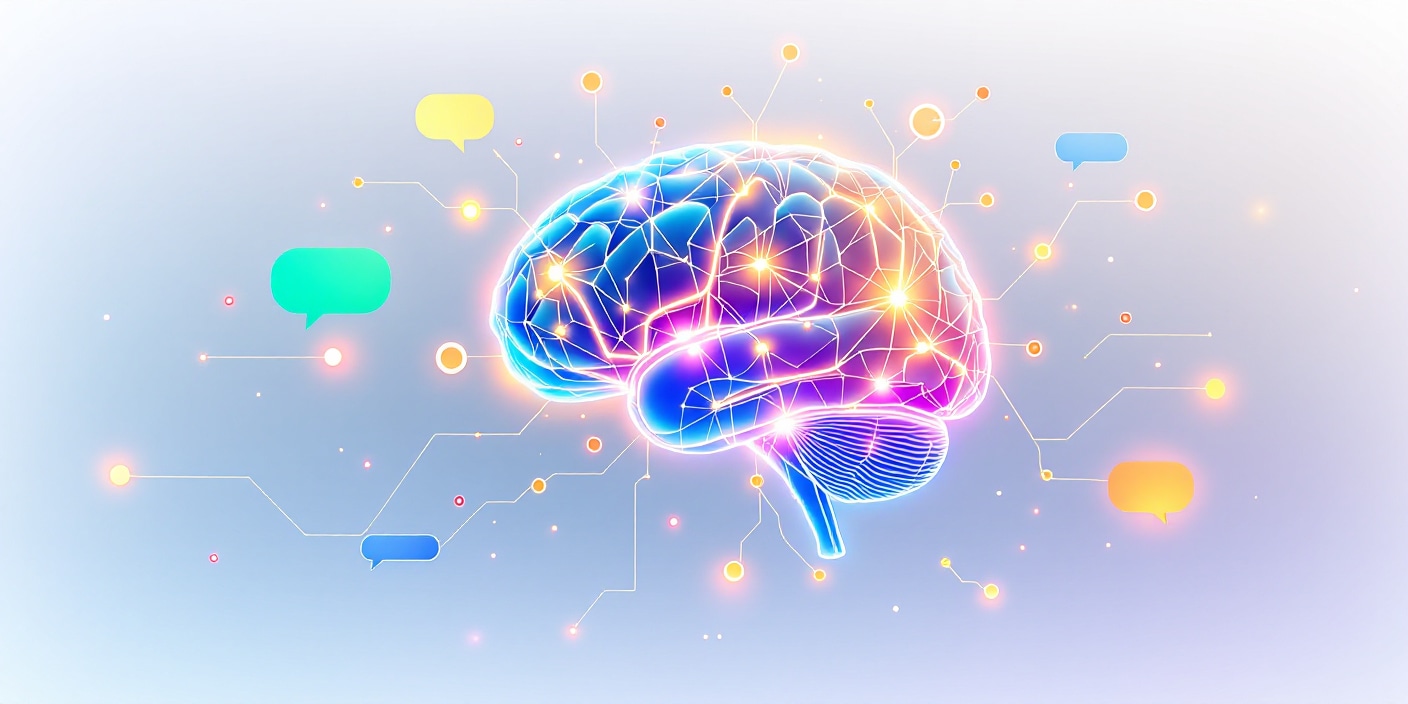Cerveau humain avec connexions neuronales illuminées représentant les processus de communication et d'apprentissage en PNL