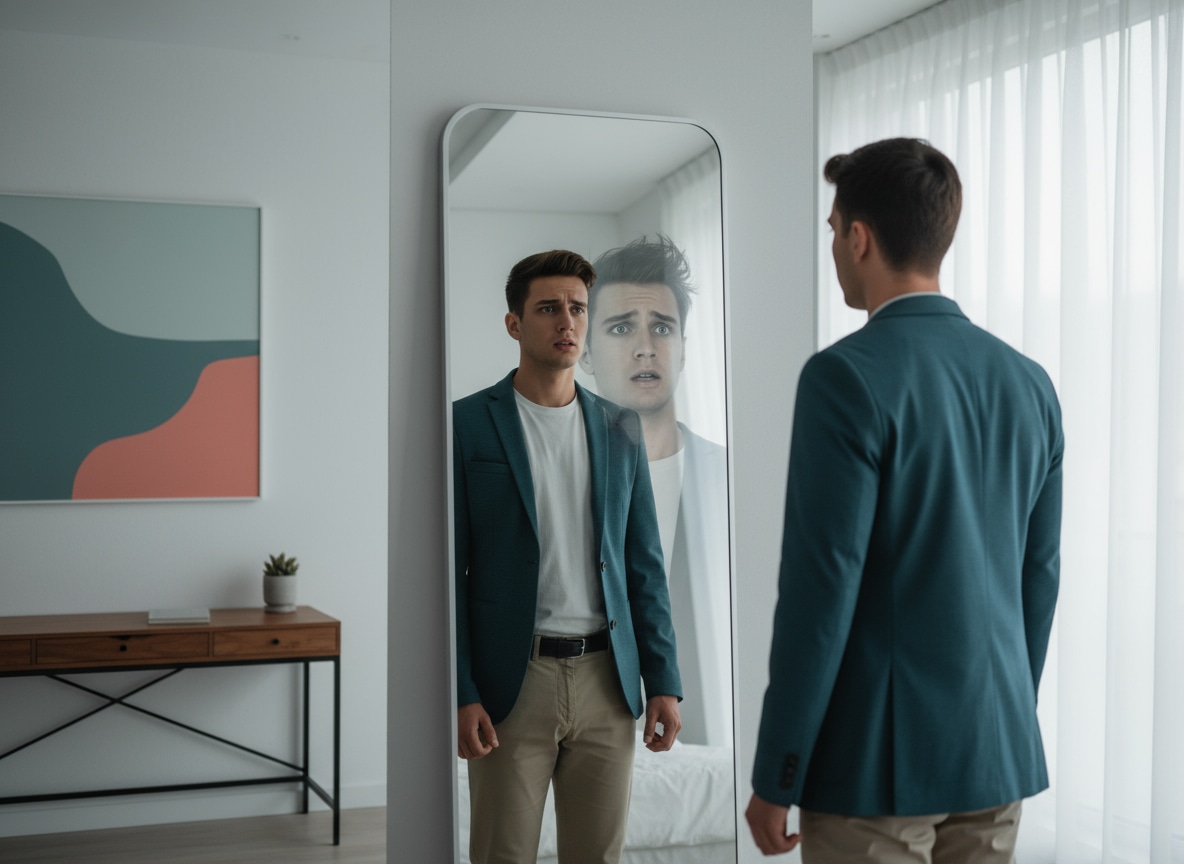 Jeune professionnel face à son reflet exprimant le doute et le manque de confiance en soi