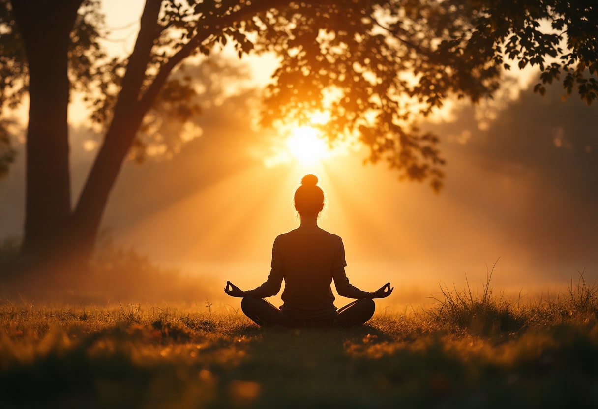 Personne pratiquant la méditation au lever du soleil dans un environnement calme