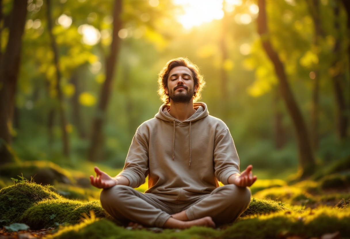 Personne sereine méditant dans un environnement naturel apaisant