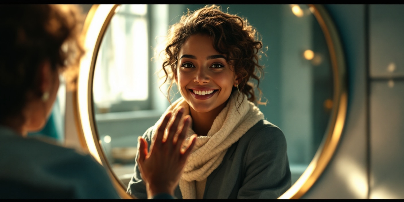 Personne se regardant dans un miroir avec confiance, baignée de lumière dorée symbolisant la transformation intérieure