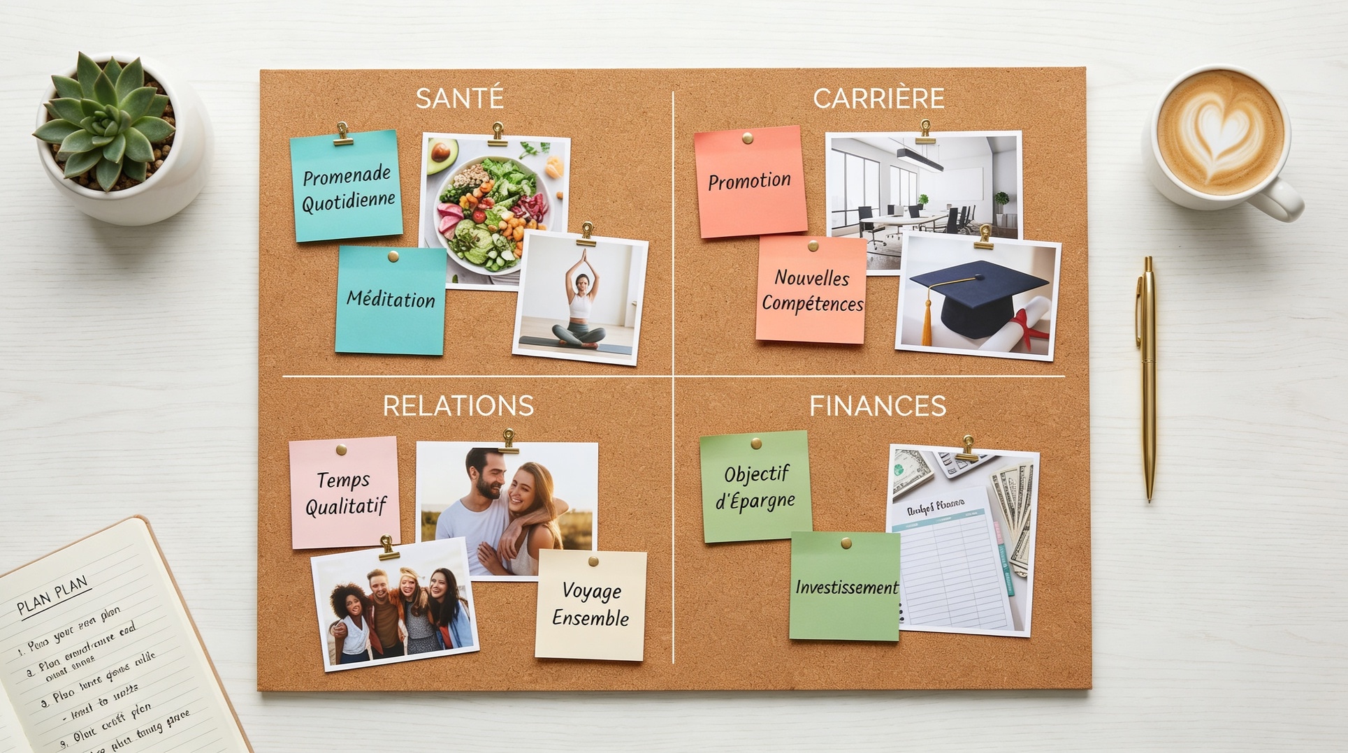 Vision board organisé avec objectifs structurés et visuels inspirants
